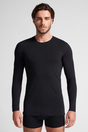 Men Intimissimi Stretch Superior Cotton Long Sleeve Black | 9217653-DU