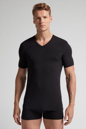 Men Intimissimi Stretch Superior Cotton V-Neck T-Shirt Black | 4372095-JG