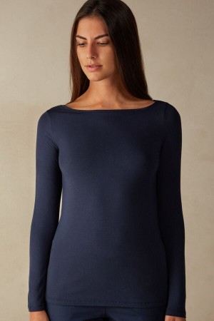 Women Intimissimi Bateau Neck In Micromodal Long Sleeve Blue | 3548216-RX