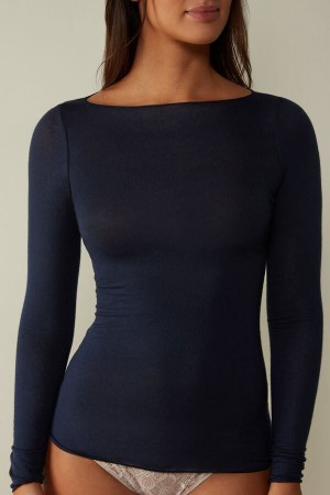 Women Intimissimi Boat Neck Modal Cashmere Ultralight Long Sleeve Blue | 8452190-PY