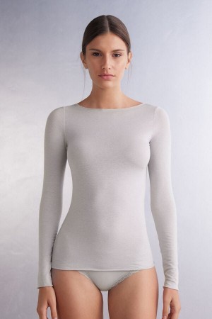 Women Intimissimi Boat Neck Modal Cashmere Ultralight Long Sleeve Grey | 0873924-WE