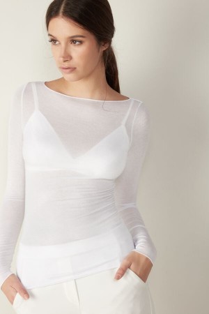 Women Intimissimi Boat Neck Modal Cashmere Ultralight Long Sleeve White | 9264871-MQ