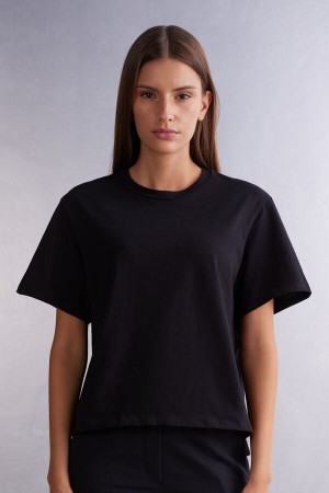 Women Intimissimi Boxy Fit Cotton Short Sleeve Black | 1076953-TS