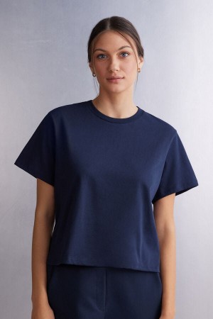 Women Intimissimi Boxy Fit Cotton Short Sleeve Blue | 3174029-IV