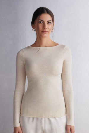 Women Intimissimi Crewneck In Modal Light With Cashmere Lamé Sweater Cream White | 4729038-WG