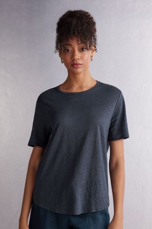 Women Intimissimi Linen Short Sleeve Blue | 9524136-AB