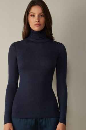 Women Intimissimi Modal Cashmere Ultralight High-Neck Long Sleeve Blue | 4285069-GQ