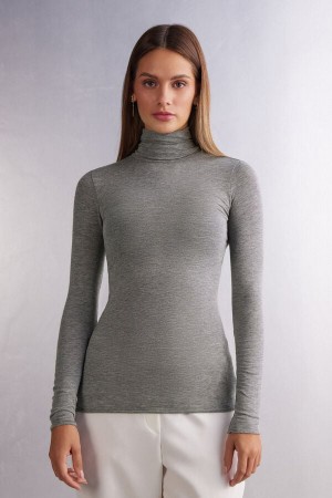 Women Intimissimi Modal Cashmere Ultralight High-Neck Long Sleeve Grey | 2810634-TI