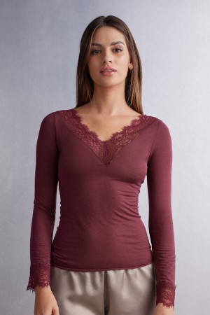 Women Intimissimi Modal Cashmere Ultralight Long Lace Shirt Red | 0634512-VX