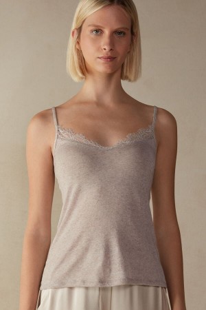 Women Intimissimi Modal Ultralight Cashmere Blend With Lace Tank Top Beige | 0581946-SY