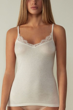 Women Intimissimi Modal Ultralight Cashmere Blend With Lace Tank Top Light Yellow | 4152386-YO