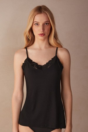 Women Intimissimi Pretty Flowers Modal Tank Top Black | 1256049-PV