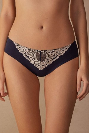 Women Intimissimi Pretty Flowers Seamless Cotton Panties Deep Blue / Light Yellow | 7304968-KA