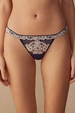 Women Intimissimi Pretty Flowers String Thong Deep Blue / Light Yellow | 2519408-JE