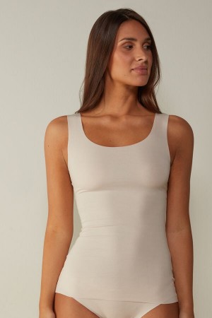 Women Intimissimi Raw Edge Round Neck Cotton Tank Top Cream Pink | 9326057-OA