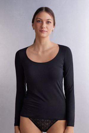 Women Intimissimi Scoop Neck In Micro-Modal Long Sleeve Black | 1965270-VH