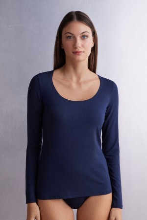 Women Intimissimi Scoop Neck In Micro-Modal Long Sleeve Blue | 3517480-ZU