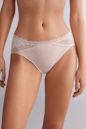 Women Intimissimi Semi-High Rise Cotton And Lace Panties Cream Pink | 0785146-BC