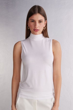 Women Intimissimi Sleeveless Turtleneck Micromodal Tank Top White | 3256907-SY