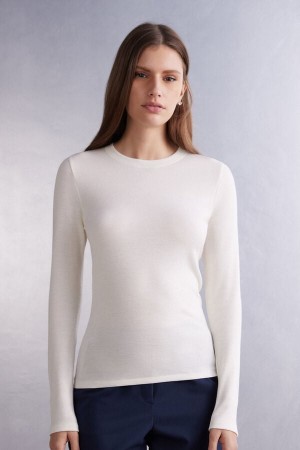 Women Intimissimi Wool Cotton Crewneck Sweater White | 4219038-OQ