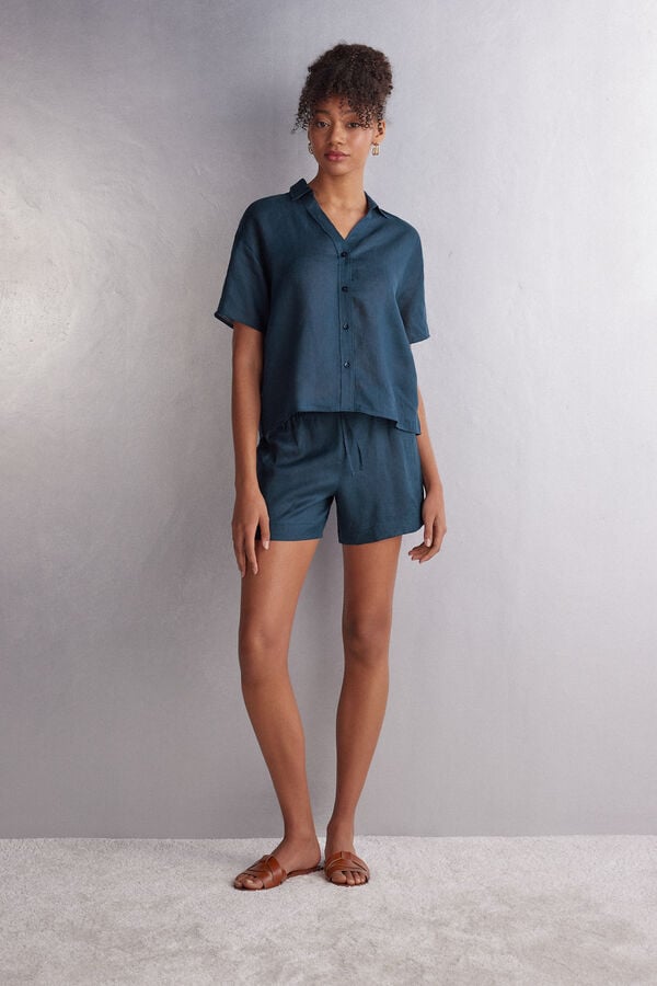 Women Intimissimi Linen Cloth Short Sleeve Blue | 6472351-JI