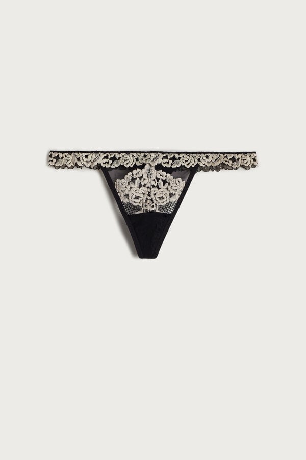 Women Intimissimi Pretty Flowers String Thong Black / White | 0516324-OB