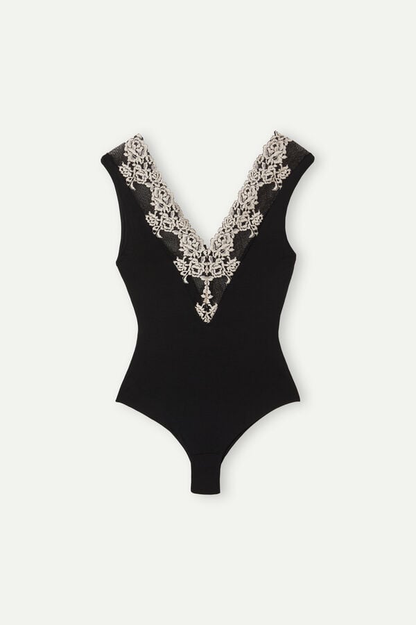 Women Intimissimi Pretty Flowers V-Neck Bodysuit Black / White | 1205487-VD